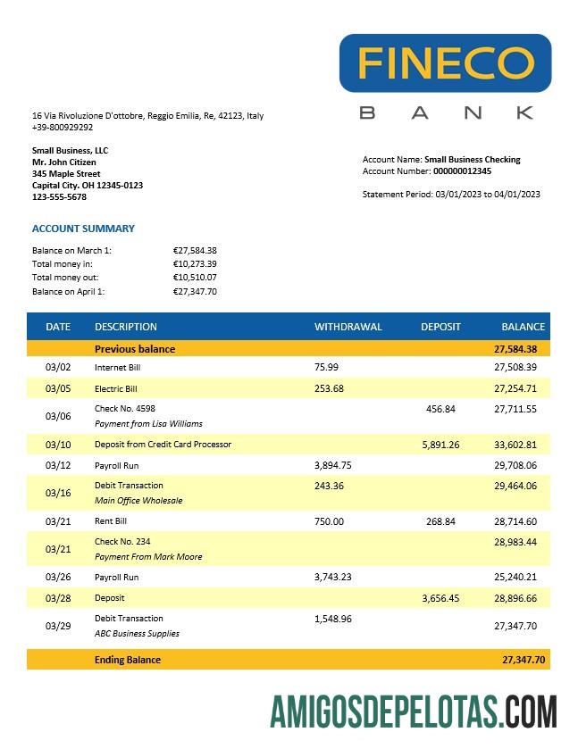 Em branco Extrato de conta da empresa Finecobank modelo Word e PDF